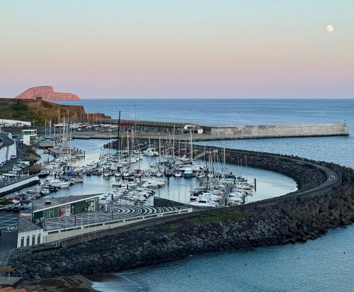 an aerial view of a marina with boats in the water at Ponto de vista in Angra do Heroísmo