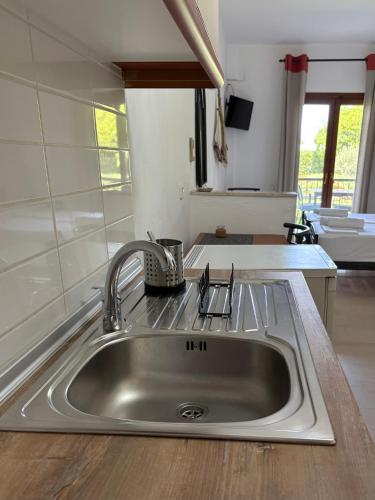 a stainless steel kitchen sink in a kitchen at Studios Galanis in Afitos