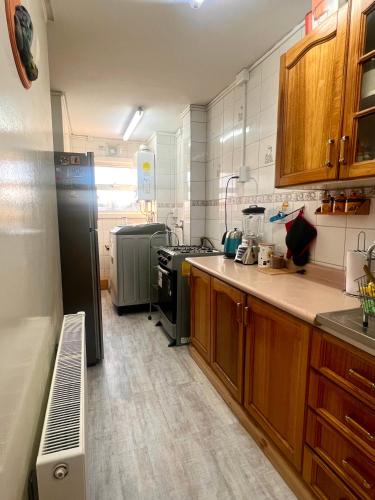 a kitchen with a sink and a refrigerator in it at Cálido Bulnes in Punta Arenas