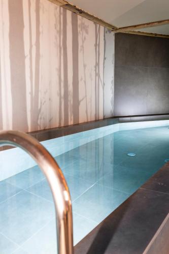 une piscine avec un sol bleu et une balustrade en métal dans l'établissement Chalet privé de Luxe IGLOO avec Piscine Sauna et Cheminée, 4 chambres, 220m2 by HOTEL MONTBLANC, à Val dʼIsère