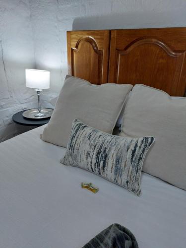 Una cama con una almohada y una lámpara sobre una mesa. en Hill Top Cottage, en Pietermaritzburg