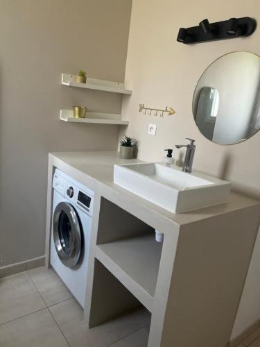 une salle de bain avec un lavabo et une machine à laver dans l'établissement villa de vacance La Brillanne, à La Brillanne
