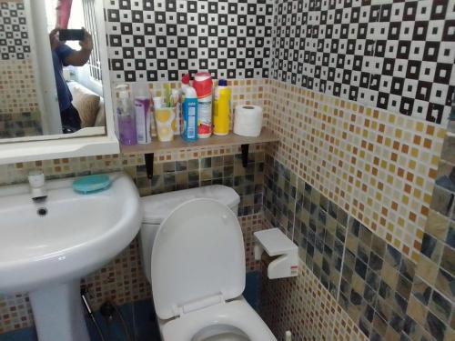 a bathroom with a sink and a toilet and a mirror at First floor apartment with view and balcony and with charming pool near sandy beach and commerces in Pointe aux Biches