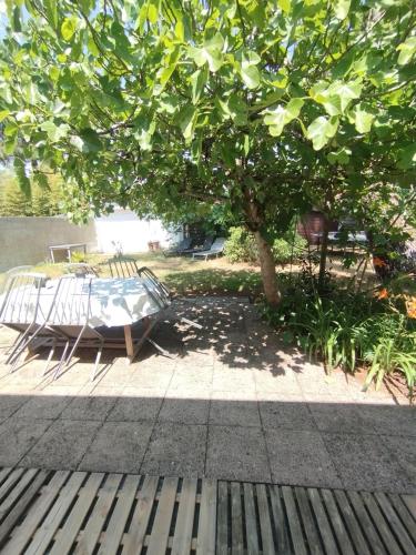 a bench sitting under a tree next to a table at Pampounette in Saint-Brévin-lʼOcéan