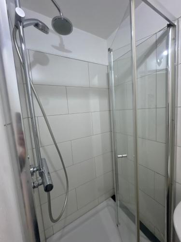 a bathroom with a shower with a glass door at Modernes 1-Zimmer Appartment- mit Doppelbett und Smart-TV in Bonn