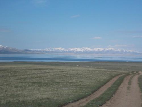 a dirt road in the middle of a field with mountains at Guest House Nur in Kochkor