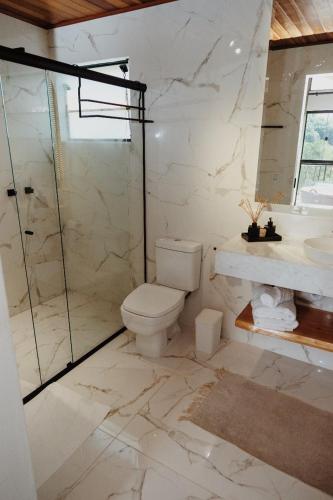 a bathroom with a toilet and a shower and a sink at Encontro dos Vales in Visconde De Maua