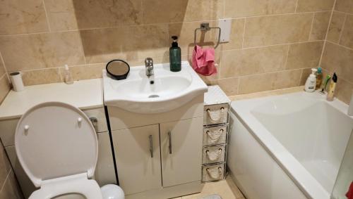 a bathroom with a sink and a toilet and a tub at GORGEOUS FlatE Central London Liverpool St Station in London