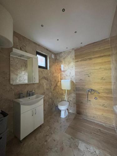 a bathroom with a toilet and a sink and a mirror at H&E Vikendica na vodi, Jezero Perucac 