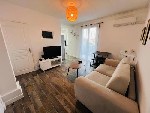 un salon avec un canapé et une télévision dans l'établissement Appartement F2 Nice Ouest, à Nice