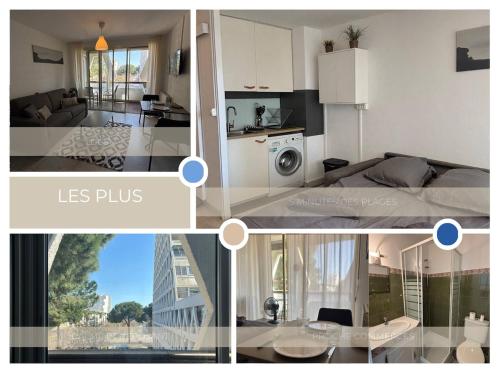 un collage de photos d'une cuisine et d'un salon dans l'établissement Studio Rénové Proche Mer, à La Grande Motte