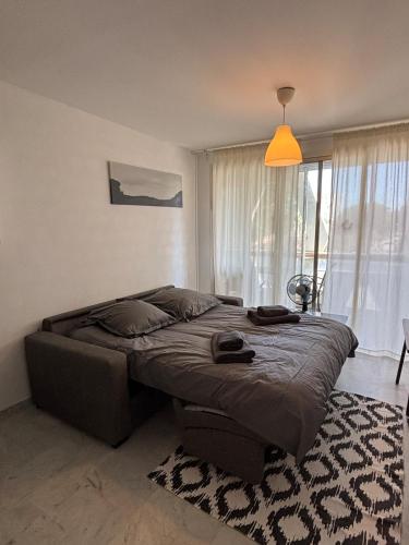 une chambre avec un grand lit avec un tapis dans l'établissement Studio Rénové Proche Mer, à La Grande Motte