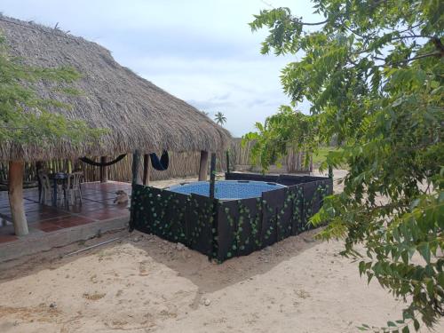 Un jacuzzi con una choza de paja en la playa en Hostal CQ Camarones, en Camarones