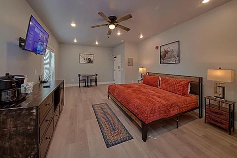 1 dormitorio grande con 1 cama y ventilador de techo en #2 Studio Town Place 2, en Sevierville