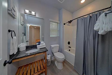 Un baño con inodoro, lavabo y ducha. en #3 Studio Town Place 2, en Sevierville
