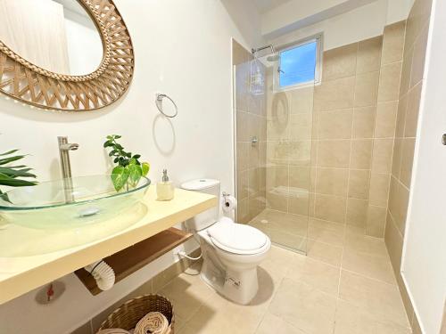 a bathroom with a toilet and a sink and a mirror at Apartment for 4 Guests in Sabanilla a few steps from the sea in Maizal