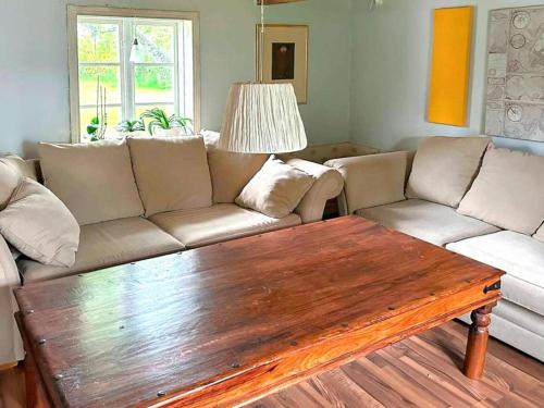 a living room with a couch and a coffee table at 4 star holiday home in Åsa in Åsa