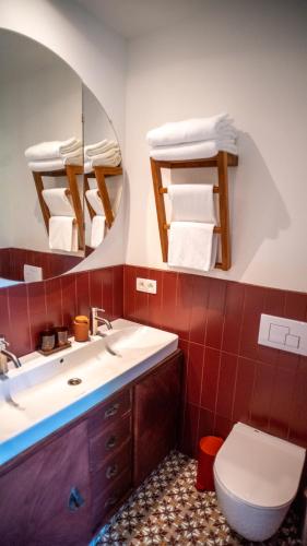 a bathroom with a sink and a mirror and a toilet at De Visitatie Rupelmonde in Rupelmonde