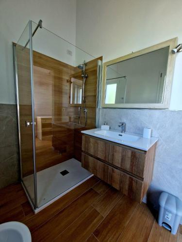 a bathroom with a shower and a sink and a mirror at B&B Sa Corte in Biancareddu