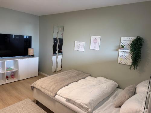 a bedroom with a bed and a flat screen tv at Renovated family home with jacuzzi in Sandnes