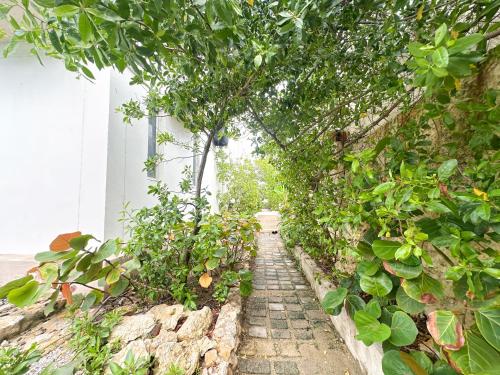 a garden path with trees and plants on a wall at Apartment for 6 Guests in Sabanilla a Few Steps from the Sea in Maizal