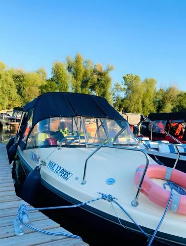 a white boat with a canopy on the water at Casa Maruska in Murighiol