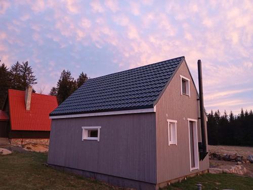 a house with a blue roof and a red roof at Novoveská chaloupka in Stříbrná