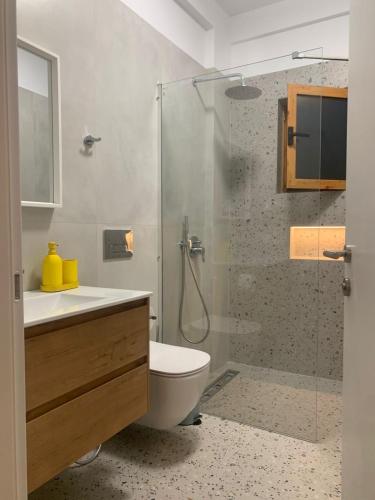 ein Badezimmer mit Dusche, Toilette und Waschbecken in der Unterkunft Get comfy in Sarandë