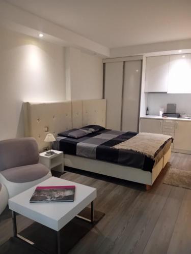 a bedroom with a bed and a couch and a table at Senjak studio apartment, near Belgrade fair in Belgrade