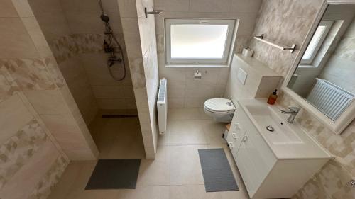 a bathroom with a shower and a toilet and a sink at Ács Vendégház in Keszthely