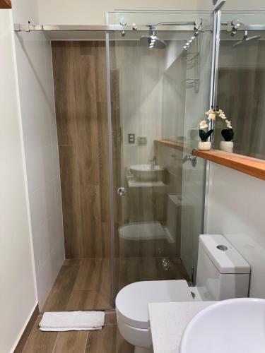 a bathroom with a glass shower and a toilet at Luxury Tower Top Floor Apartment in Arequipa