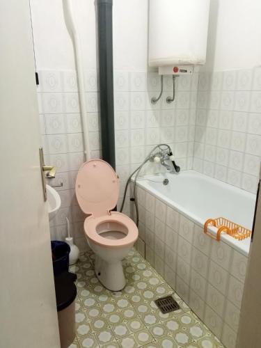 a bathroom with a pink toilet and a bath tub at Braco apartmani Utjeha in Kravlja
