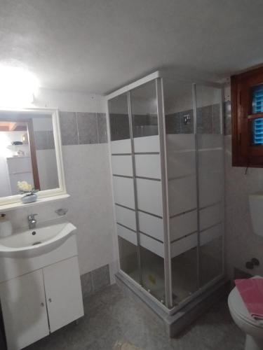 a bathroom with a shower and a sink and a toilet at Glaros Studios Agriolivadi Patmos in Patmos