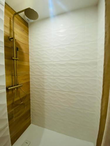 La salle de bains est pourvue d'une douche et d'un mur blanc. dans l'établissement Studio cosy à Royan, à Royan