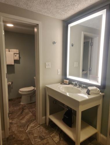 a bathroom with a sink and a toilet and a mirror at Natural Bridge Hotel, Trademark Collection by Wyndham in Natural Bridge