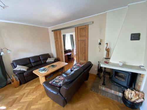 a living room with a couch and a fireplace at Ella's House - Central Bengtsfors Stay in Bengtsfors