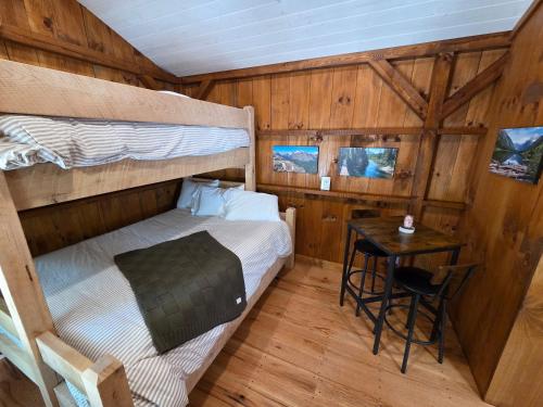 a bedroom with a bunk bed and a table at Lazy T Cabins - Glacier in Robbinsville
