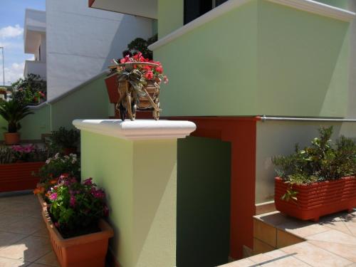 a vase of flowers sitting on the side of a building at Domus Girasoli in Alezio