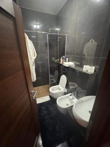 Un baño pequeño con inodoro y lavabo. en Penthouse Victoria, en Budva