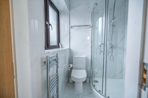a bathroom with a toilet and a glass shower at Farm House Manor Luxury 8 bedrooms & 7 bathrooms Farm House & 40 mins away from Tower in Little Bridgeford