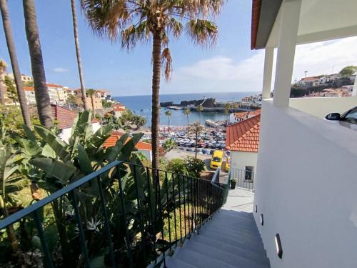 a balcony with palm trees and a view of the water at Baía dos Lobos in Câmara de Lobos