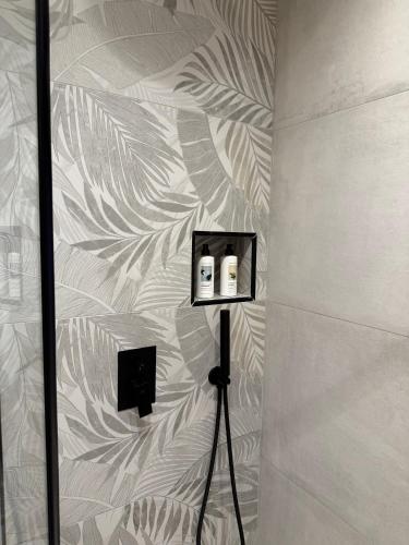 a bathroom with a shower with a wall at Old Town Suites Muradie in Vlorë