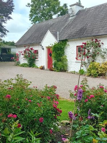 a white cottage with a red door and flowers at O'Neill's Self Catering Cottage- close to Cashel in Tipperary