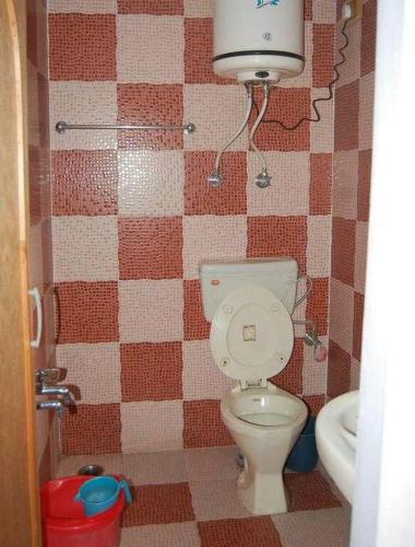 a bathroom with a toilet and a tiled wall at Hotel First Kashmir in Srinagar