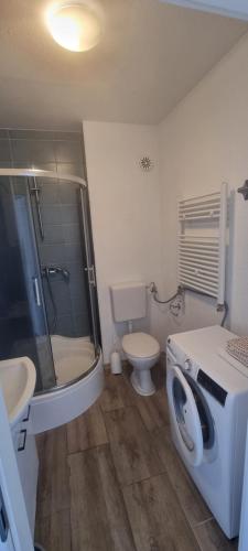 een badkamer met een douche, een toilet en een wastafel bij Arzberger Monteurapartment in Arzberg