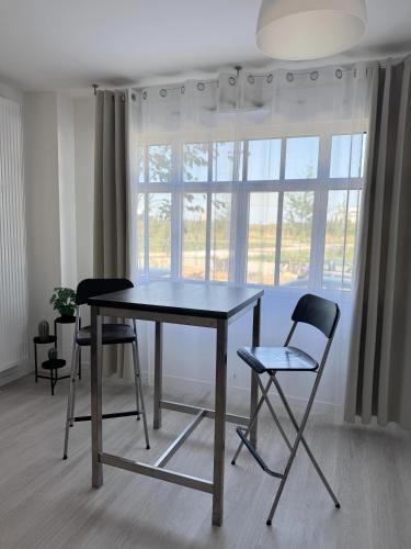 une table et des chaises dans une pièce avec une fenêtre dans l'établissement Just Sleeping, à Chessy