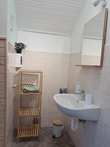 a bathroom with a sink and a mirror at Igali Varázs Apartman 150 méter a fürdőtől in Igal