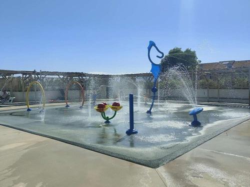 une fontaine dans une piscine avec des fleurs dedans dans l'établissement Appartement climatisé avec terrasse, parking privatif à Le Barcarès - FR-1-195-122, au Barcarès