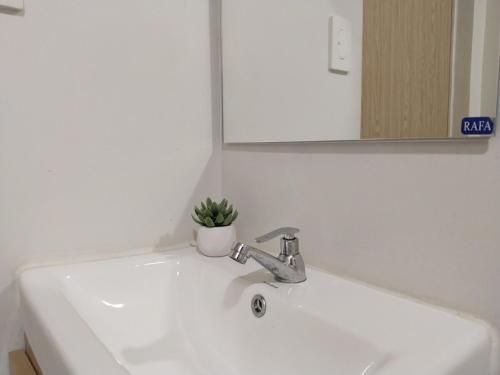 a bathroom sink with a mirror and a potted plant on it at Casa Linnea - SMDC Cheer Residences in Marilao