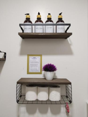 a shelf with five bottles of soap and a plant at Casa Linnea - SMDC Cheer Residences in Marilao